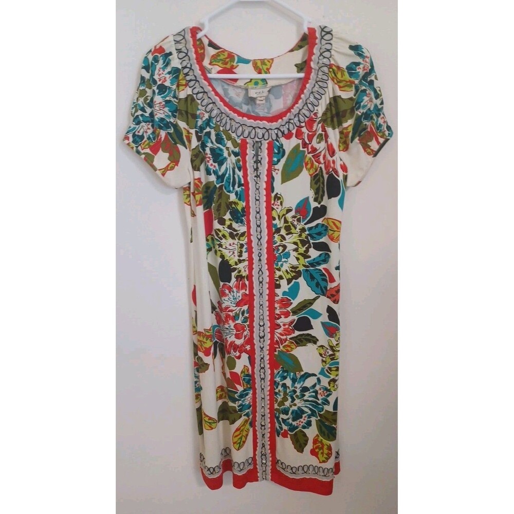 ECI New York Floral Shift Dress 10 Vtg Shortsleeve Beaded Tropical Hawaiian